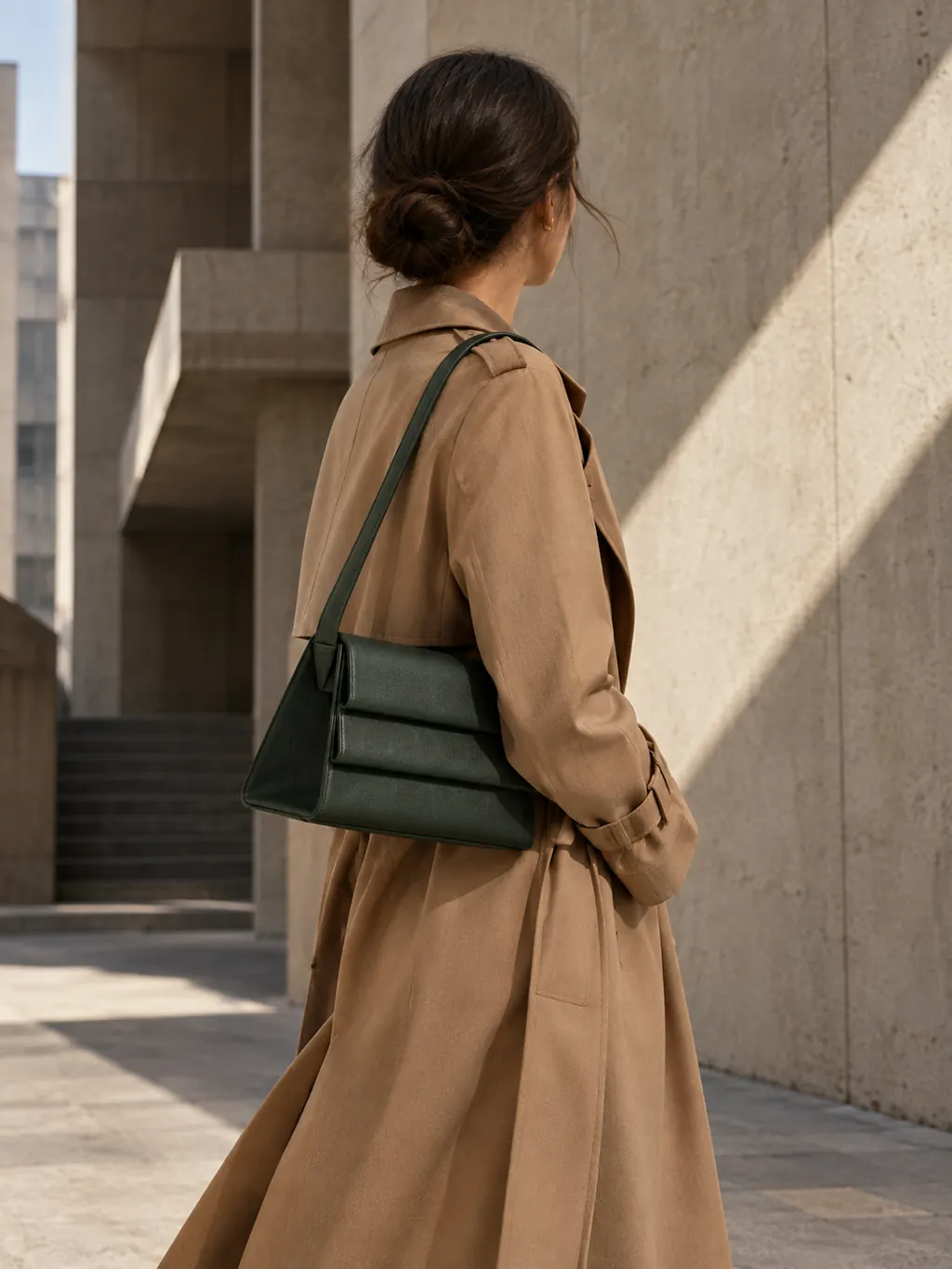 Stepped shoulder bag worn with a camel coat