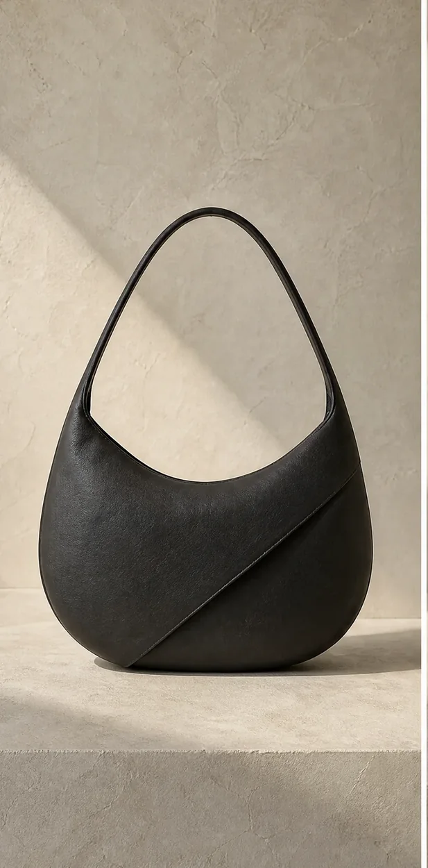 Estudio de bolso de hombro plegado con solapa geométrica inclinada