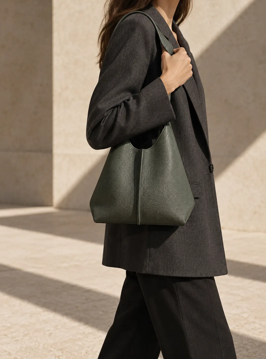 Meridian Spine Shoulder Bag in moss grey worn with a tailored outfit