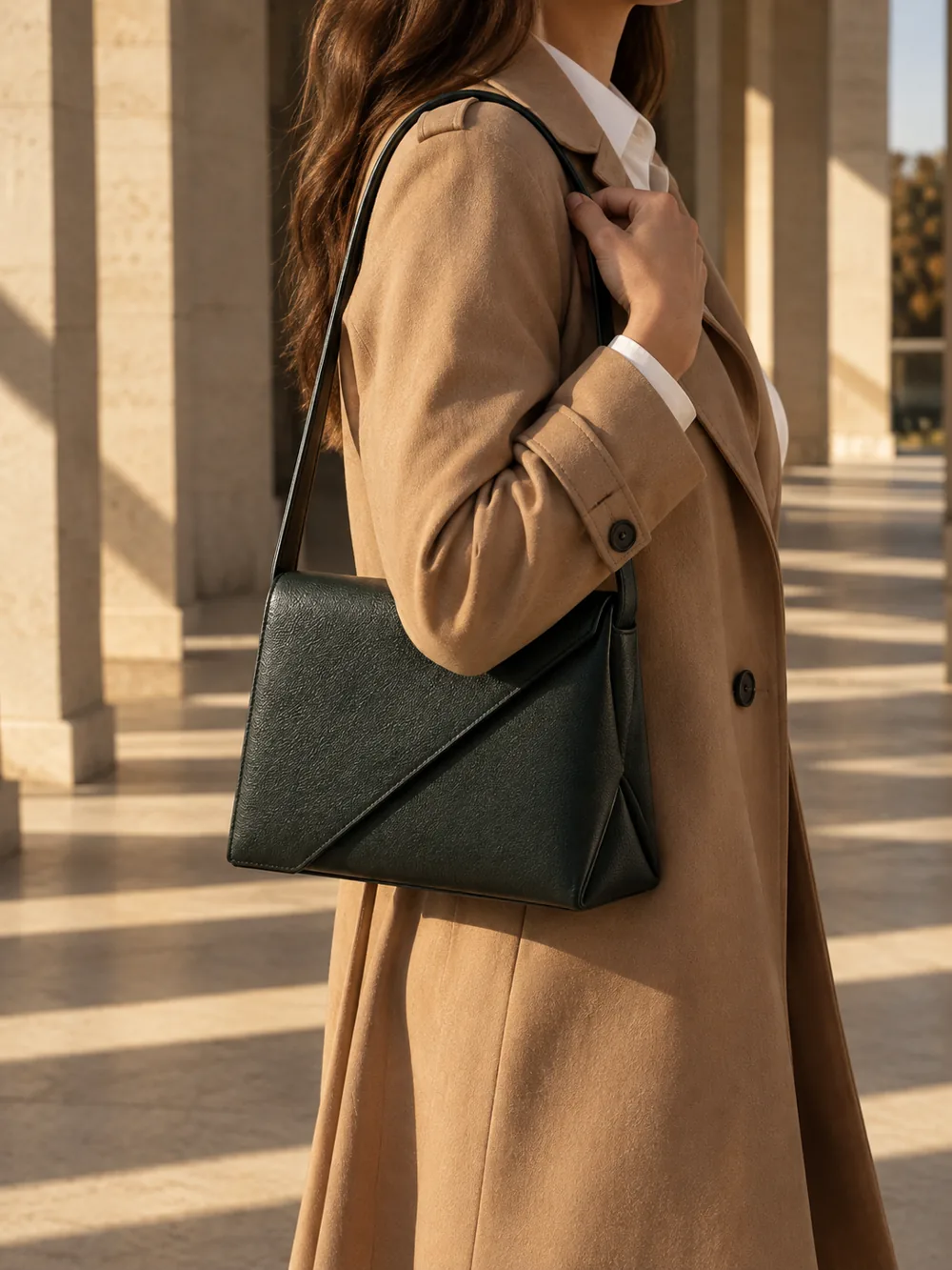 Offset Panel Shoulder Bag in forest worn with a tailored outfit