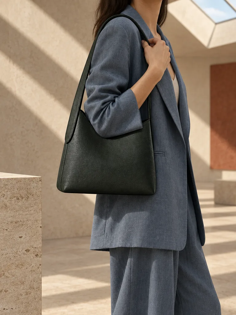 Threshold Shoulder Bag in forest worn with a tailored outfit