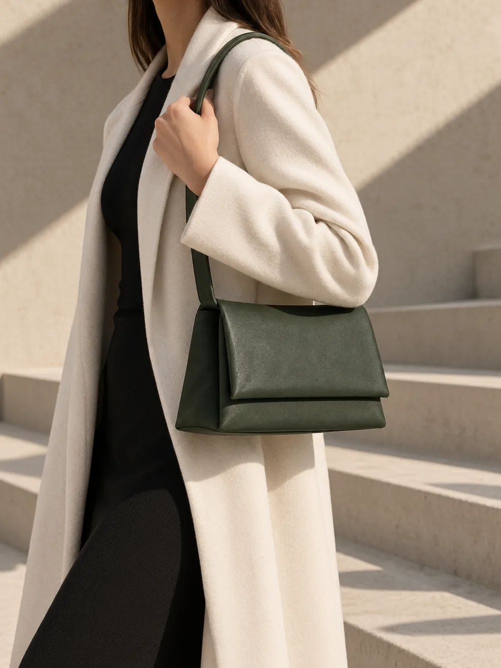 Sill Ledge Shoulder Bag in forest worn with a tailored outfit