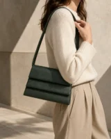 Cadence Stepped Shoulder Bag in forest worn with a tailored outfit