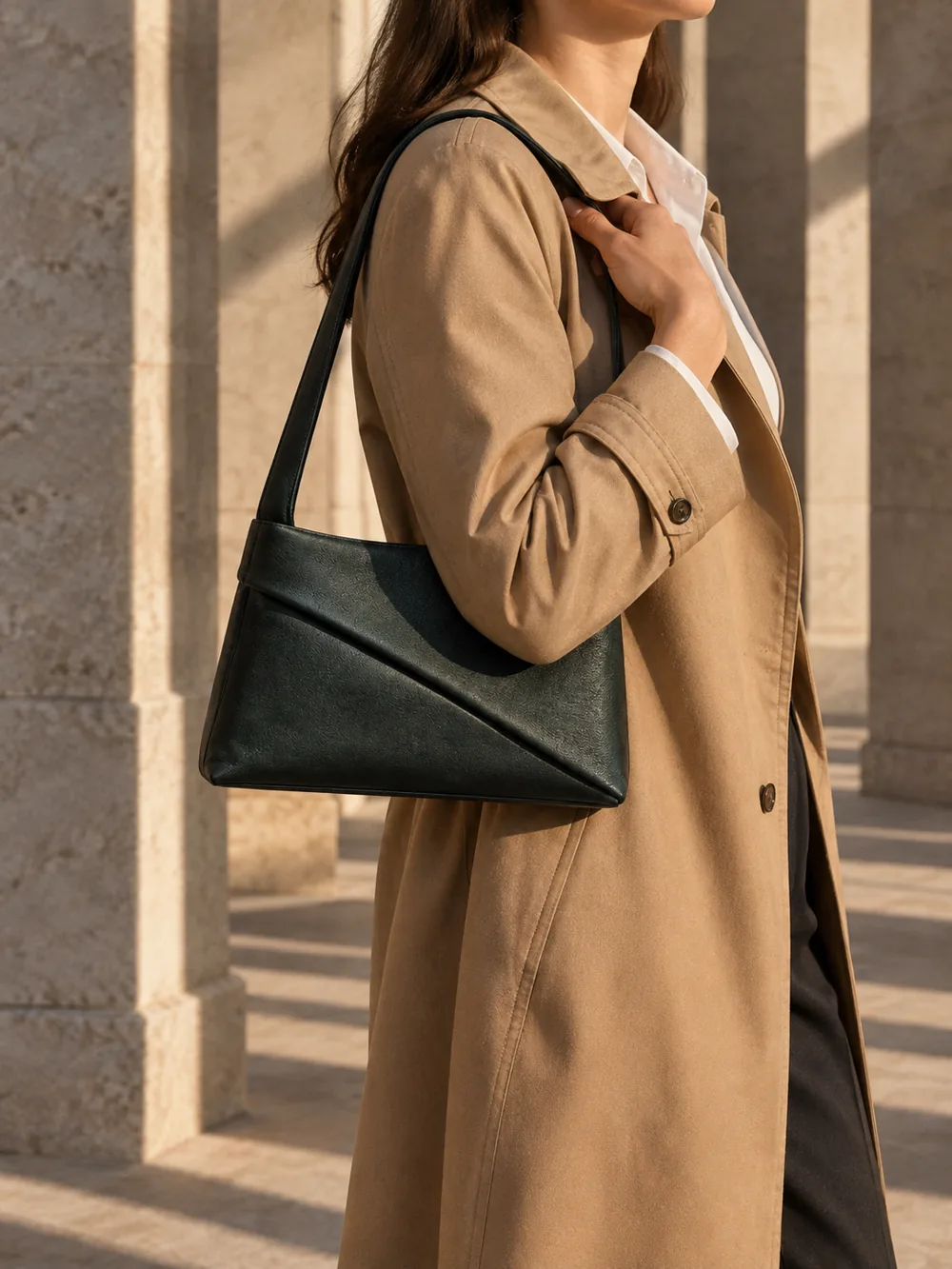 Axis Diagonal Shoulder Bag in deep forest worn with a tailored outfit