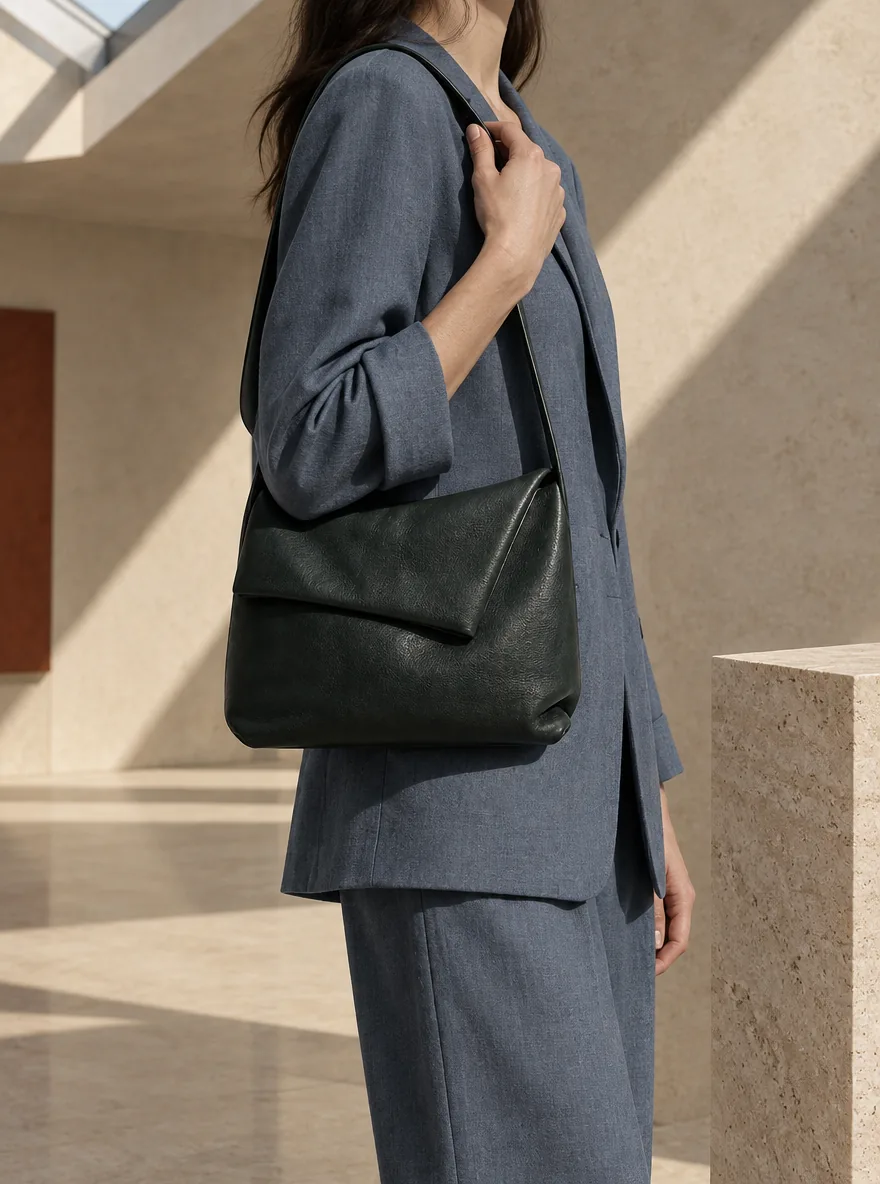 Tuckline Shoulder Bag in ink worn with a tailored outfit