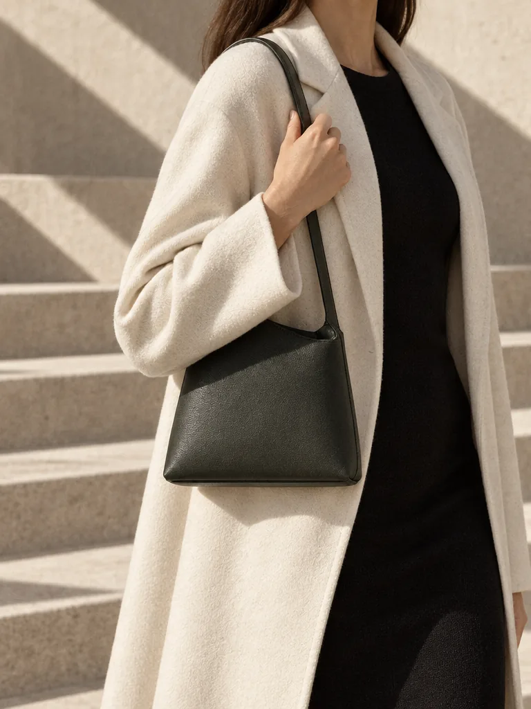 Slope Shoulder Bag in deep forest worn with a tailored outfit