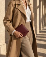 Kite Diamond Clutch in oxblood worn with a tailored outfit