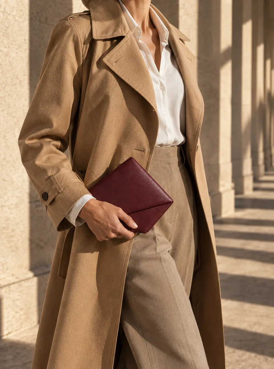 Kite Diamond Clutch in oxblood worn with a tailored outfit