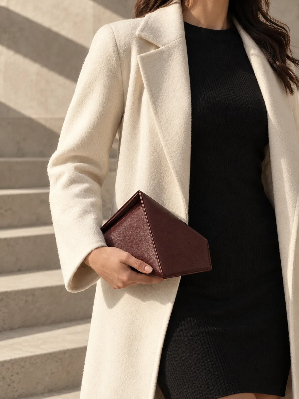 Gable Roof Clutch in oxblood worn with a tailored outfit