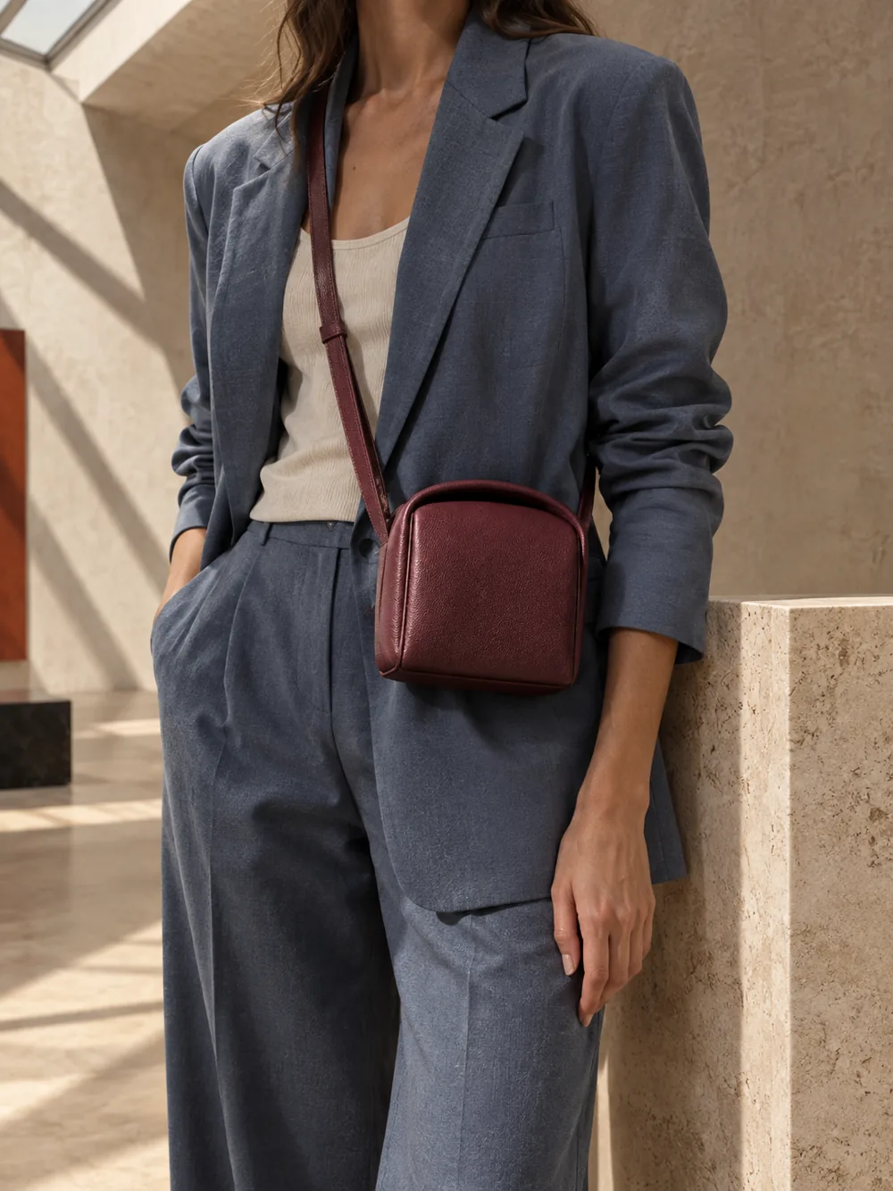 Portico Arch Crossbody in oxblood worn with a tailored outfit