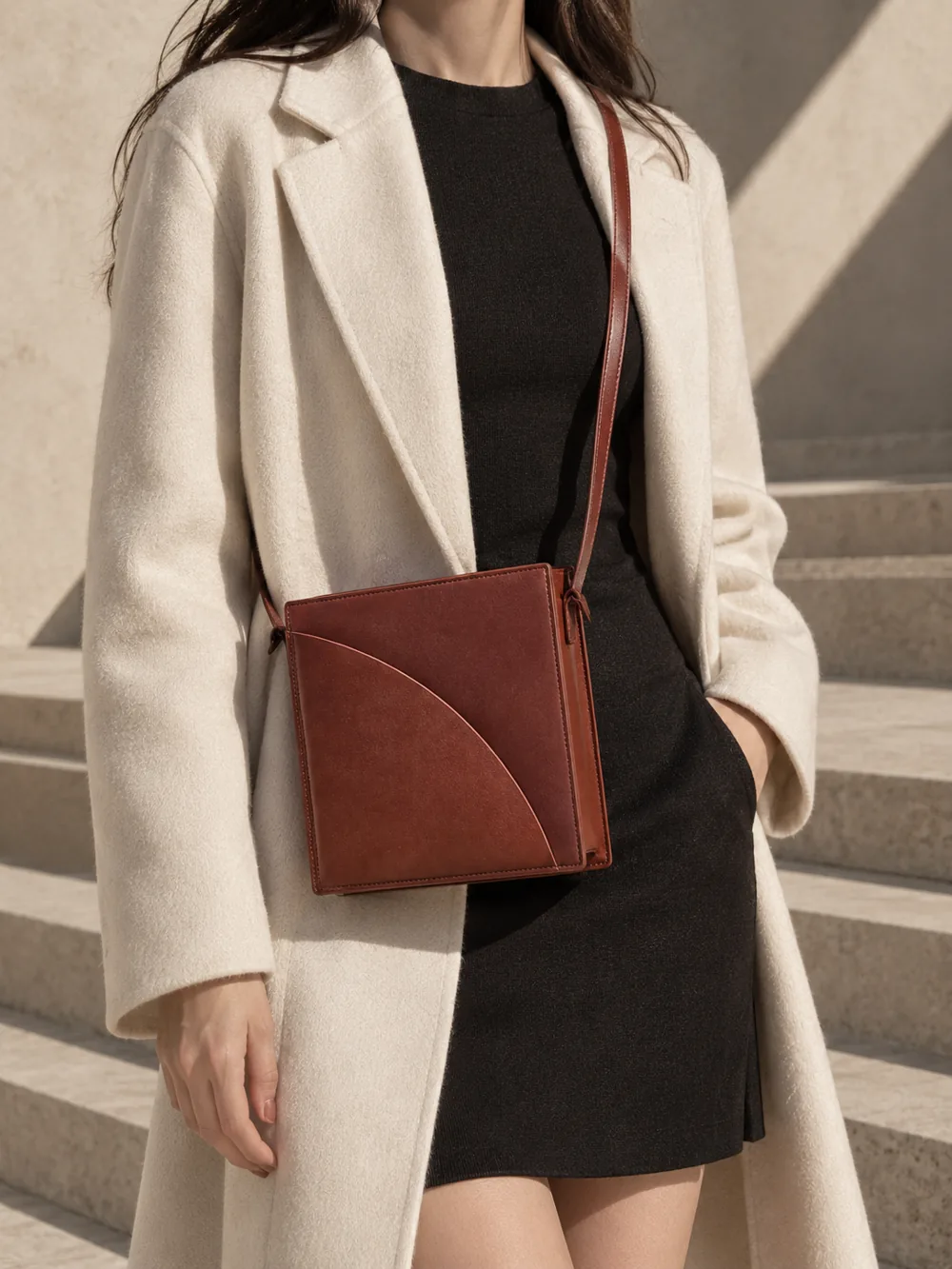 Bracket Crossbody in sienna worn with a tailored outfit