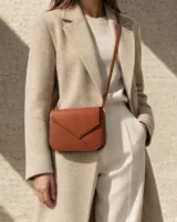 Envelope Crossbody in terracotta worn with a tailored outfit