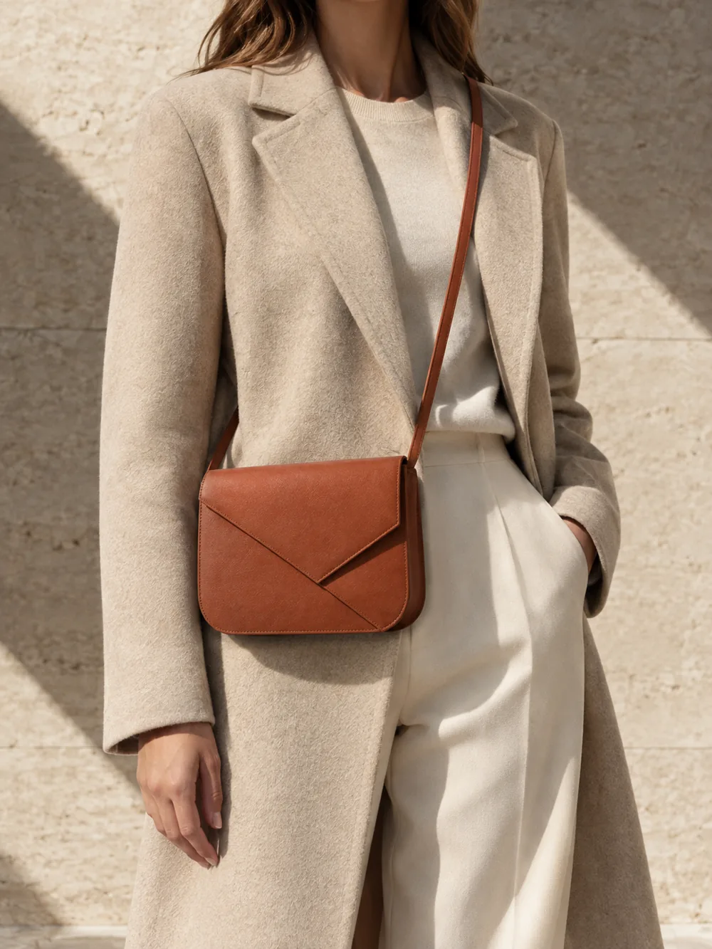 Envelope Crossbody in terracotta worn with a tailored outfit