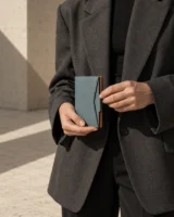 Tab Card Sleeve in teal worn with a tailored outfit