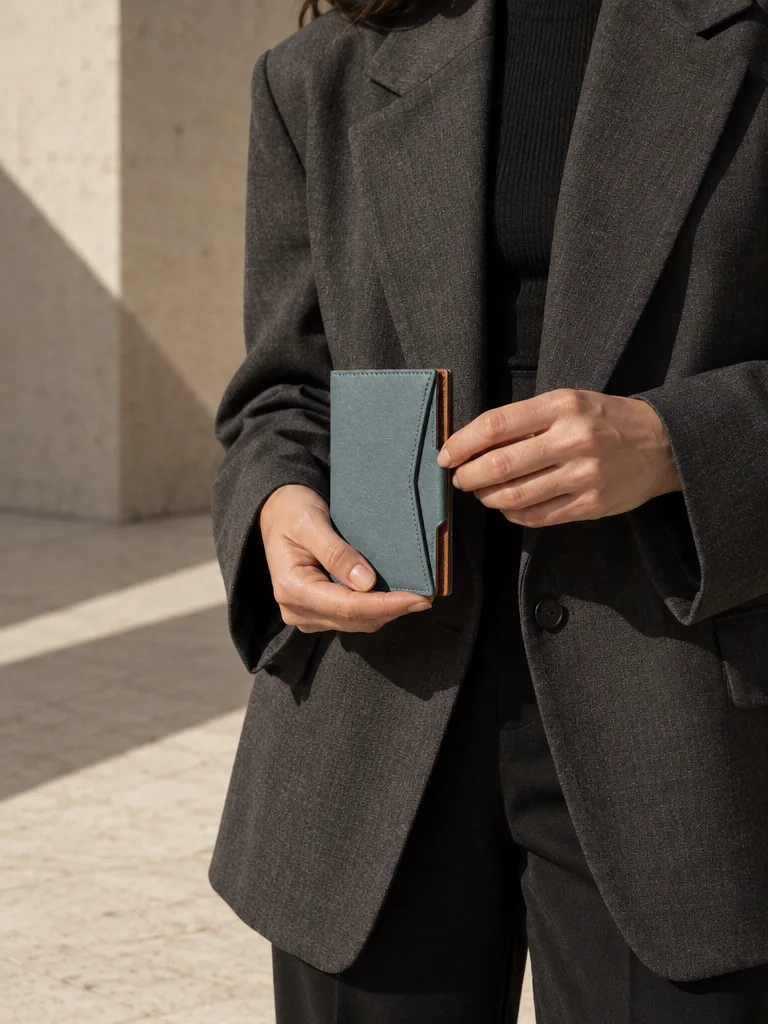 Tab Card Sleeve in teal worn with a tailored outfit