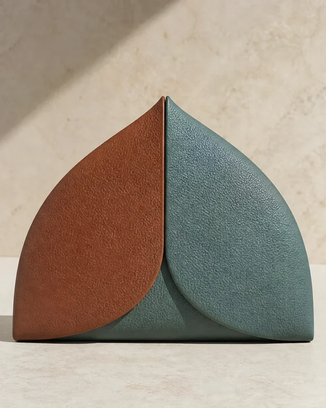 Leaf Pouch in terracotta / teal, front view