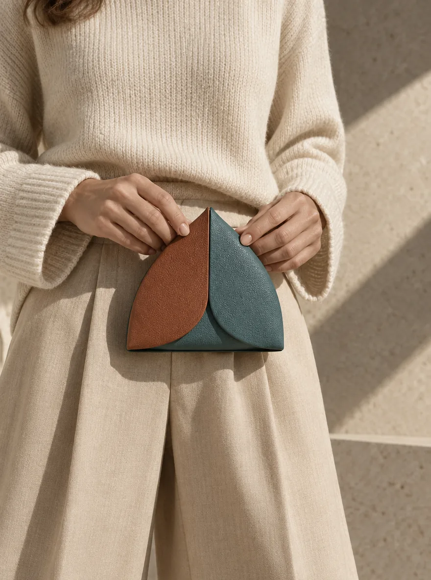 Leaf Pouch in terracotta / teal worn with a tailored outfit