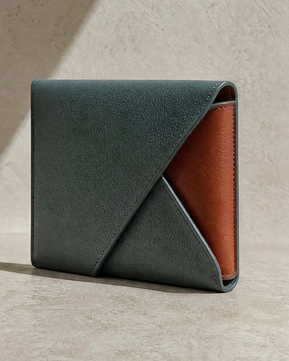 Corner Wrap Pouch in teal / terracotta, side view