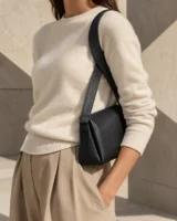 Ribbon Crossed Strap in charcoal worn with a tailored outfit