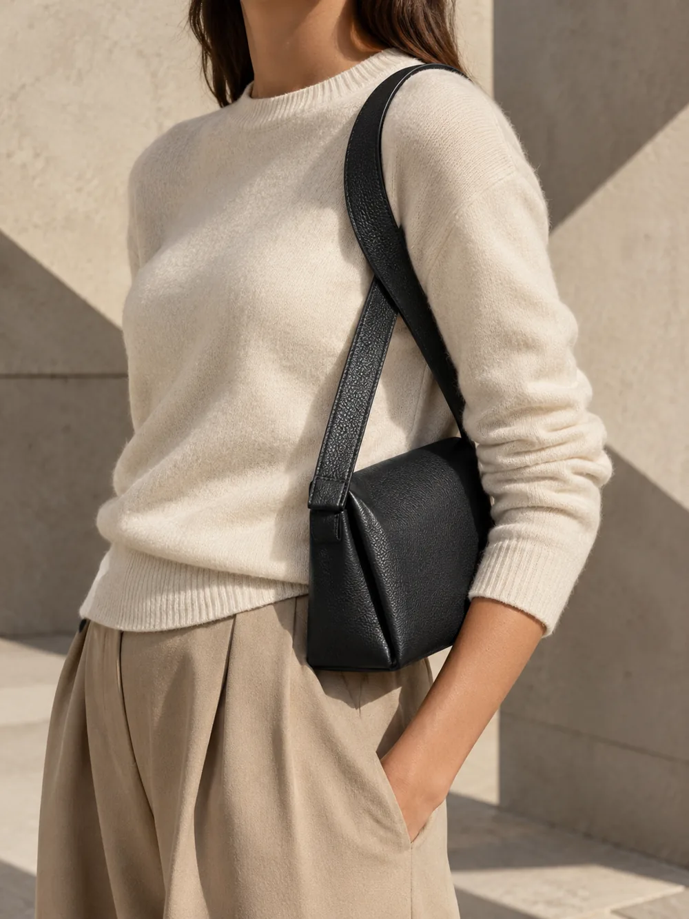 Ribbon Crossed Strap in charcoal worn with a tailored outfit