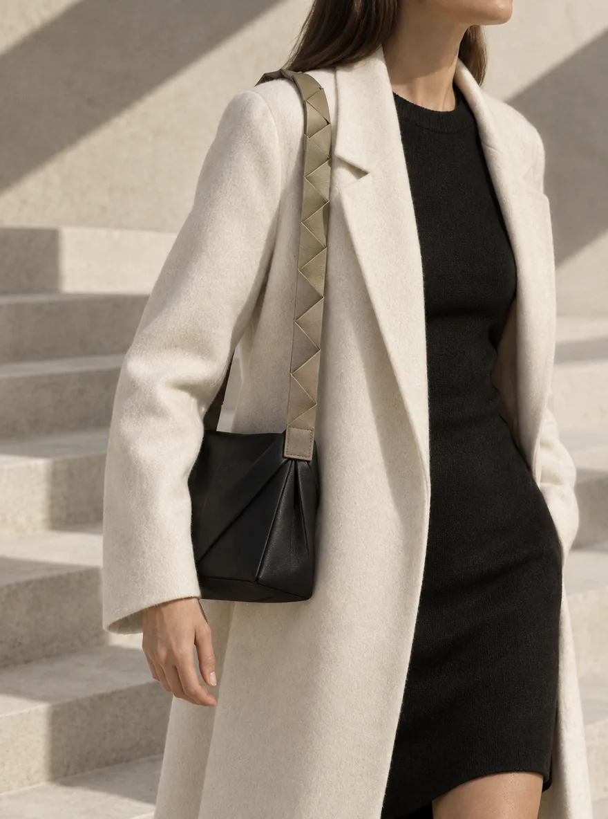 Tension Segmented Strap in stone worn with a tailored outfit